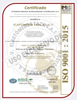 Certificado ISO 9001:2015 de Taza Polymer, que avala el sistema de gestión de calidad en la fabricación de polímeros.