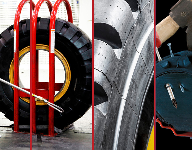 Collage de llanta industrial con polímero. Muestra la llanta en un rack, una vista de cerca de la banda de rodadura y un clavo y un tornillo que no causan daño.