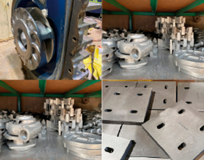 Un collage de cuatro imágenes que muestra varios componentes industriales de metal, incluyendo impulsores de bomba, piezas fundidas y placas de acero, que requieren protección de polímeros