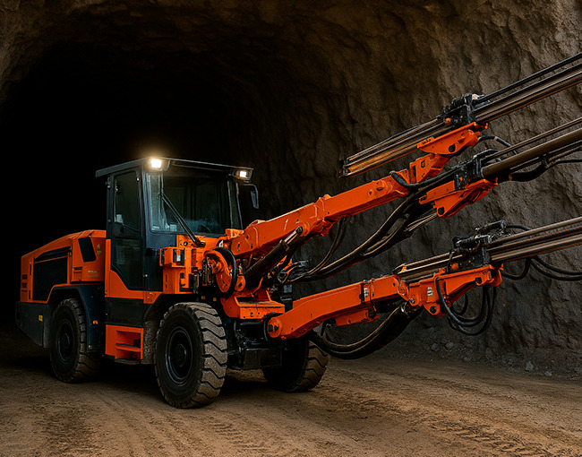 Un jumbo de perforación minera de dos brazos, de color naranja brillante y negro, con sus faros delanteros encendidos, posicionado dentro de una mina subterránea. El equipo tiene dos brazos articulados con taladros en las puntas extendidos hacia adelante, listos para la operación de perforación. El fondo muestra una pared de roca y el suelo de tierra de la mina.