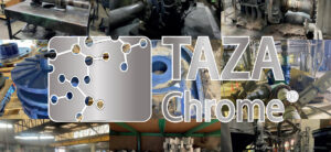 Un collage de imágenes que muestran diferentes procesos y equipos industriales, con un logotipo superpuesto que dice "TAZA Chrome" y un diagrama de red de conexiones. Las imágenes de fondo incluyen piezas de maquinaria desgastadas, componentes industriales, un taller, un horno, y equipos de procesamiento. El collage representa los servicios de reconstrucción y recuperación de partes industriales.