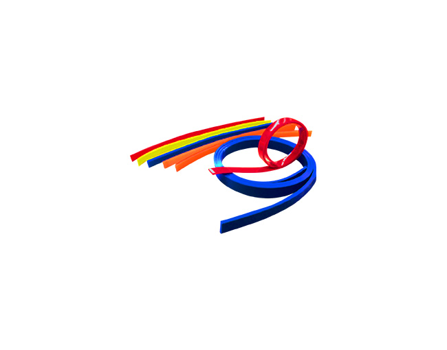 Tiras de polímero de ingeniería de colores rojo, amarillo, naranja y azul, enrolladas para mostrar su flexibilidad y elasticidad.