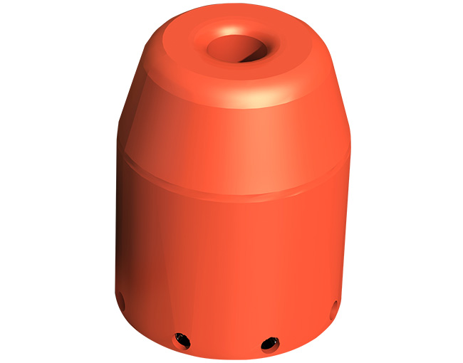 Representación 3D de un componente cónico de polímero de color rojo anaranjado, con una cavidad superior y múltiples orificios en la base.