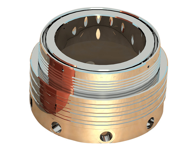 Representación 3D de un revestimiento de polímero de ingeniería con un diseño complejo, de color naranja cobrizo sobre un núcleo metálico interior.
