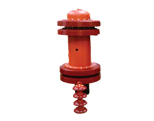 Componente industrial con un eje central, discos circulares y cilindros de polímero de color rojo.