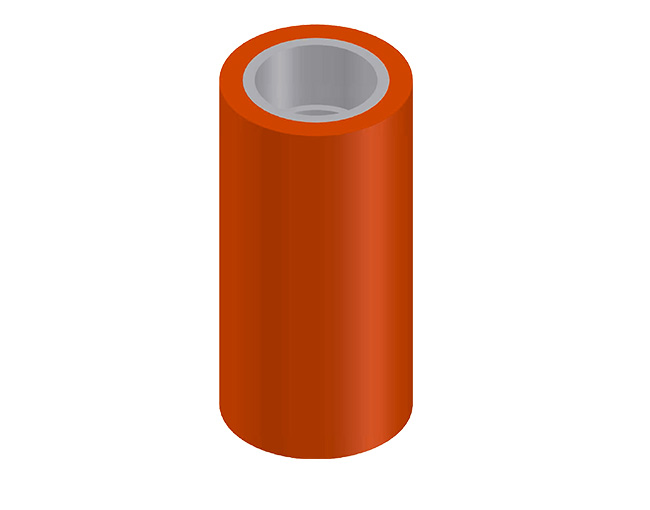 Representación 3D de un revestimiento cilíndrico de polímero de color naranja, con una capa interior de color gris.
