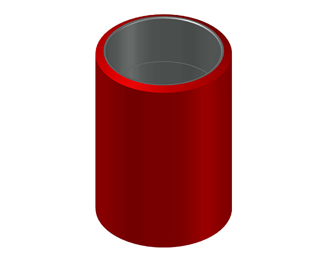 Representación 3D de un revestimiento cilíndrico de polímero, con una capa exterior de color rojo y una interior de color gris.