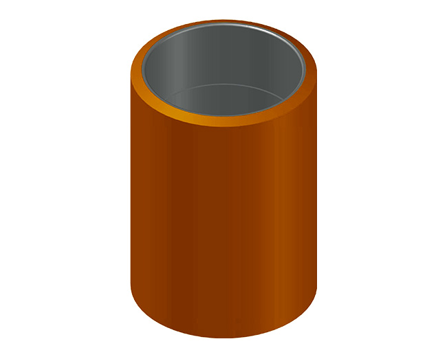 Representación 3D de un revestimiento cilíndrico de polímero, con una capa exterior de color naranja oscuro y una interior de color gris.