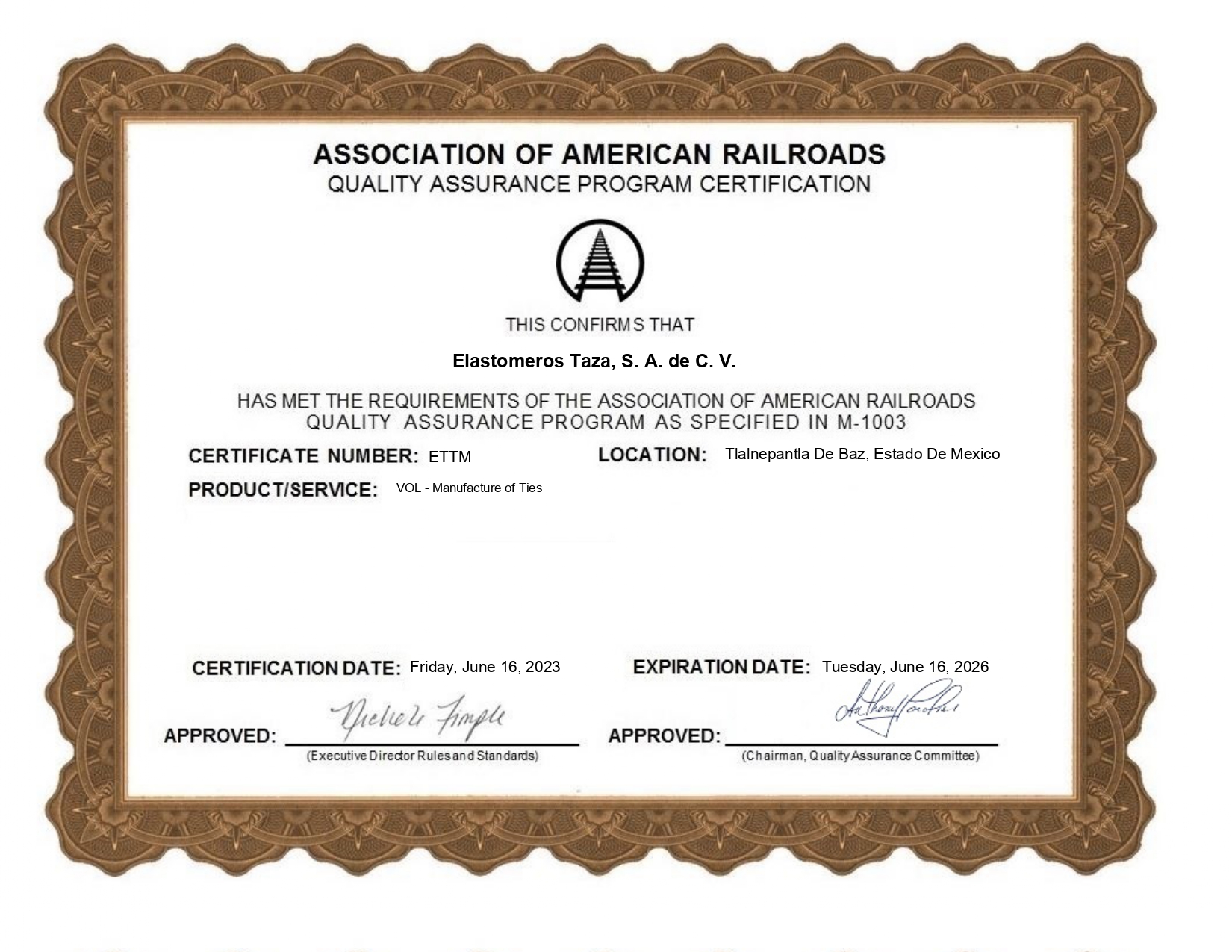 Certificado Association of American RailRoads